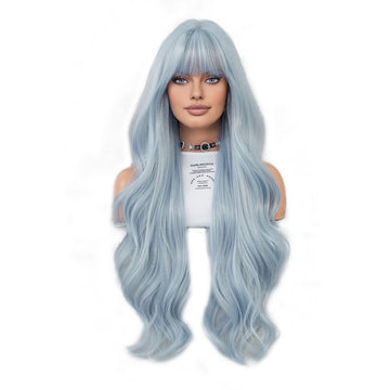 SAKUMETA Sky Blue Super Long Body Wave Wig with Bang