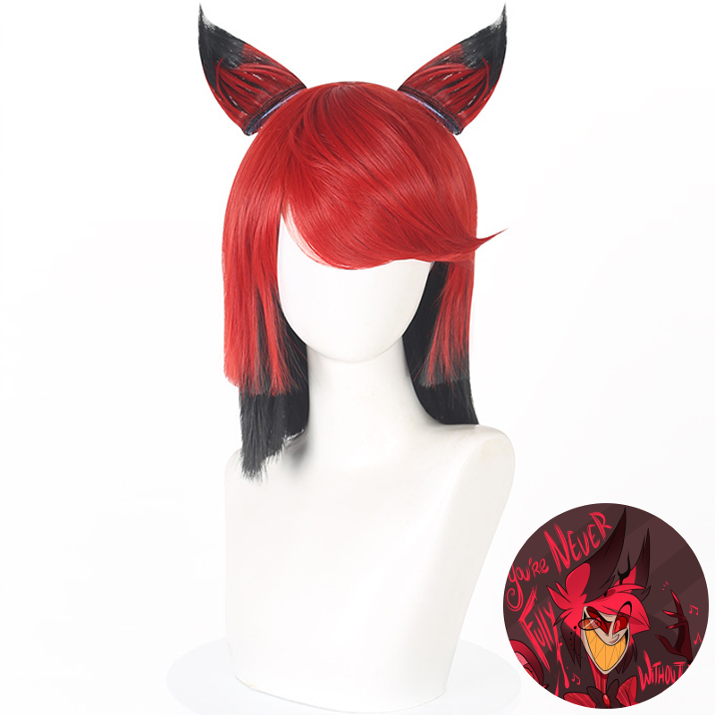 SAKUMETA ALASTOR Rote und schwarze Cosplay-Perücke mit abnehmbaren Ohrringen 
