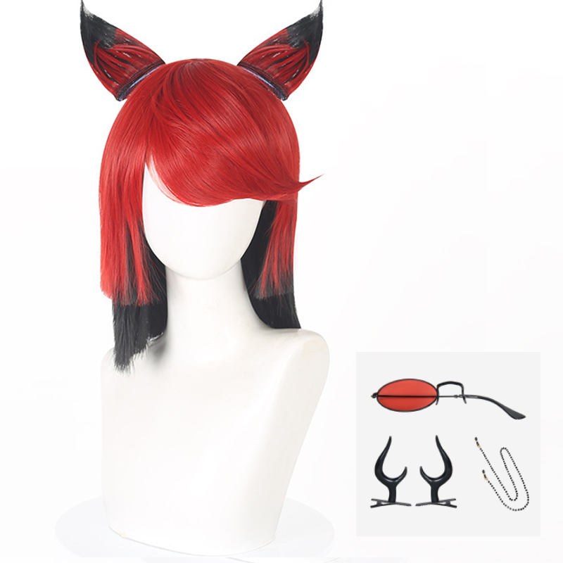 SAKUMETA ALASTOR Rote und schwarze Cosplay-Perücke mit abnehmbaren Ohrringen 