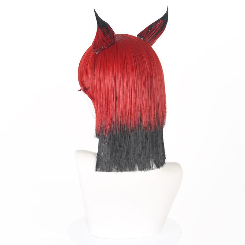 SAKUMETA ALASTOR Rote und schwarze Cosplay-Perücke mit abnehmbaren Ohrringen 