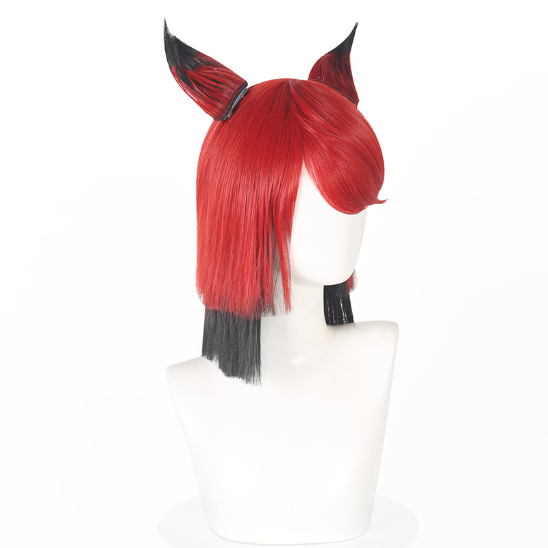 SAKUMETA ALASTOR Rote und schwarze Cosplay-Perücke mit abnehmbaren Ohrringen 