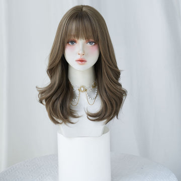 SAKUMETA Ash Brown Chest-Length Body Wave Wig with Wispy Bang