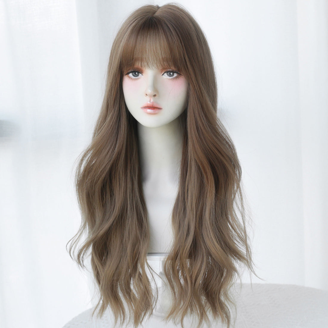 SAKUMETA Ashy Brown Long Body Wave Wig with Bang