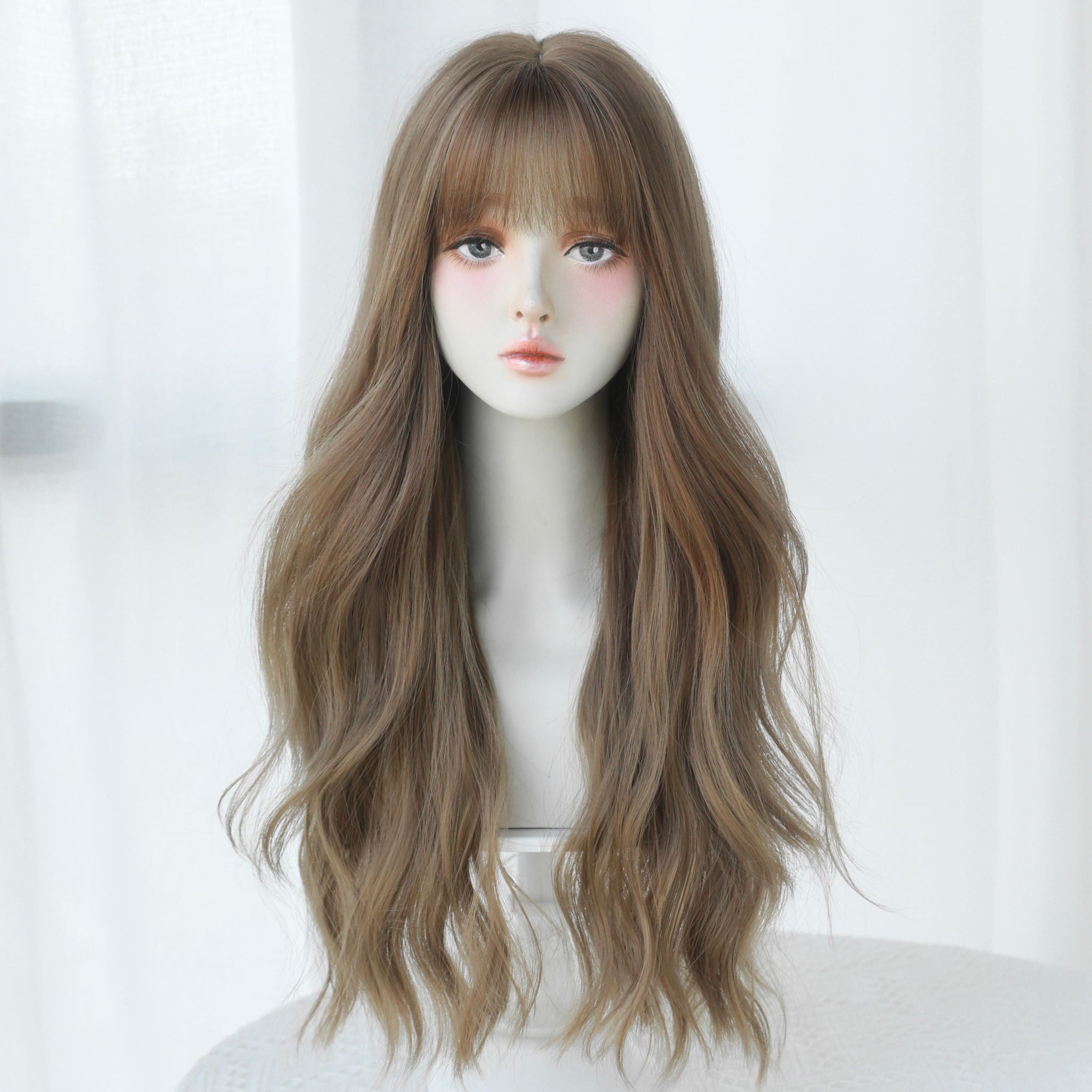 SAKUMETA Ashy Brown Long Body Wave Wig with Bang