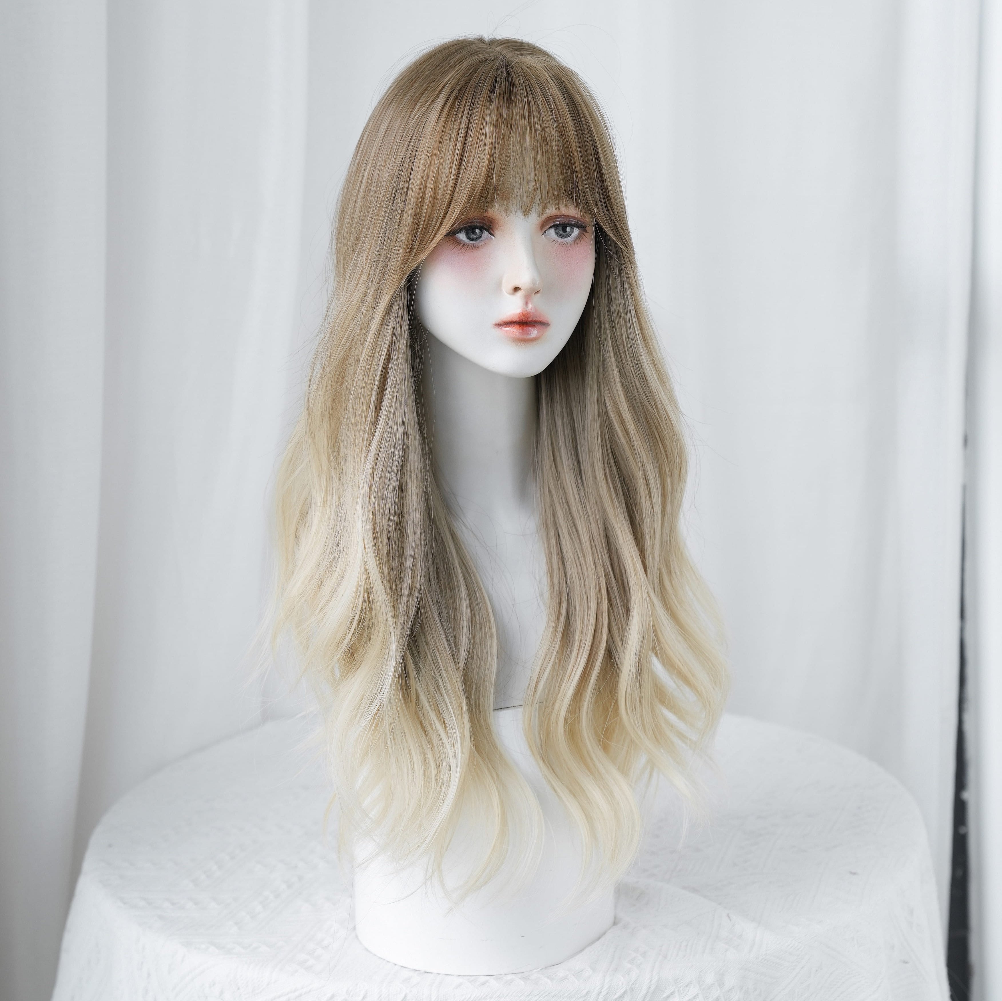 SAKUMETA Ashy Light Brown Balayage Body Wave Wig with Wispy Bang
