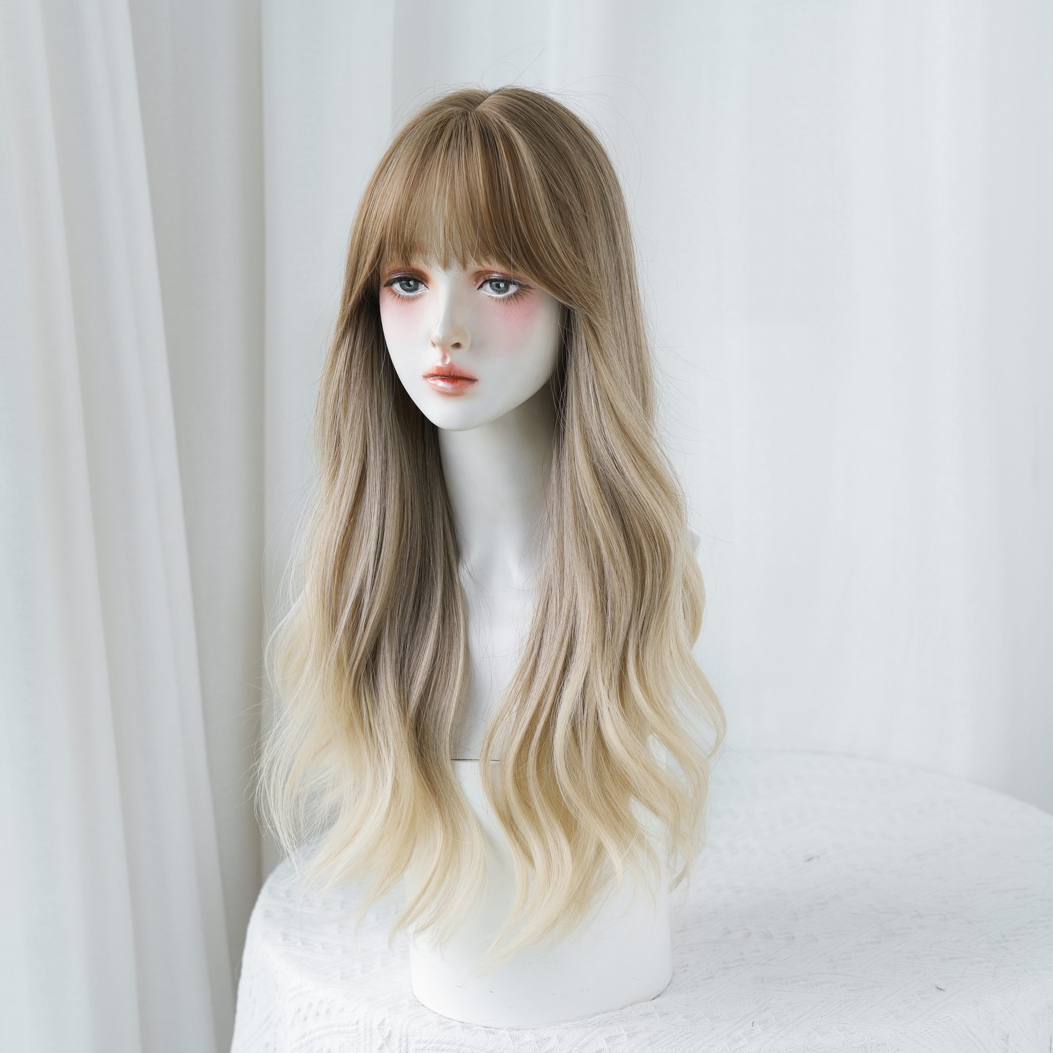 SAKUMETA Ashy Light Brown Balayage Body Wave Wig with Wispy Bang