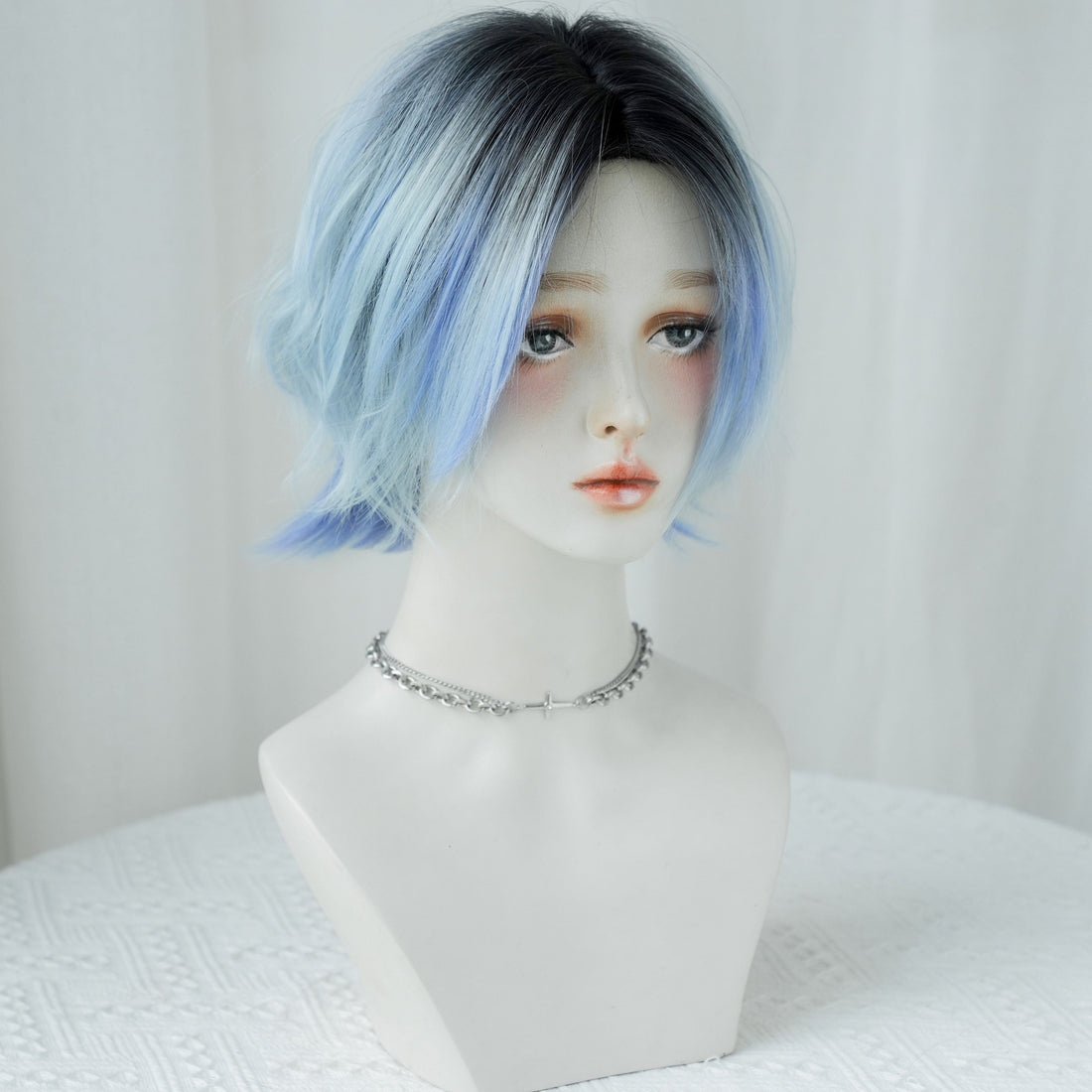 SAKUMETA Black to Ice Blue Ombre Short Wig with Flipped Ends and Center Part