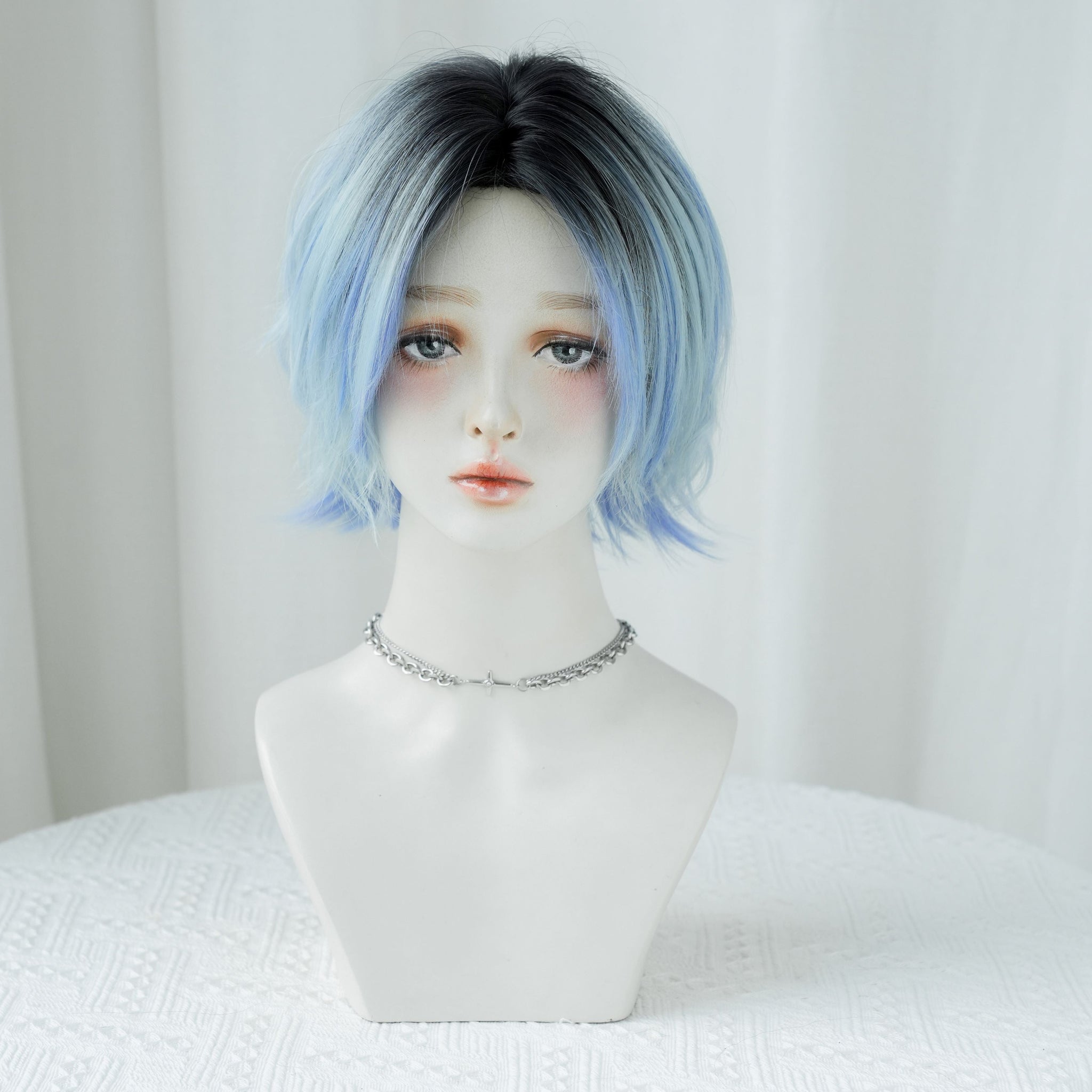 SAKUMETA Black to Ice Blue Ombre Short Wig with Flipped Ends and Center Part