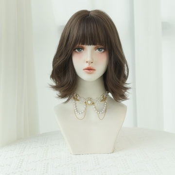 SAKUMETA Cholocate Brown Short Wavy Wig with Bang