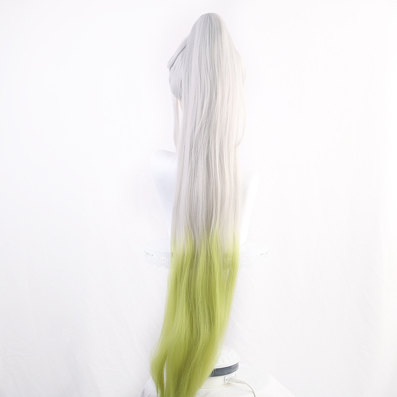SAKUMETA DAKI Long White and Green Cosplay Wig with Ponytail