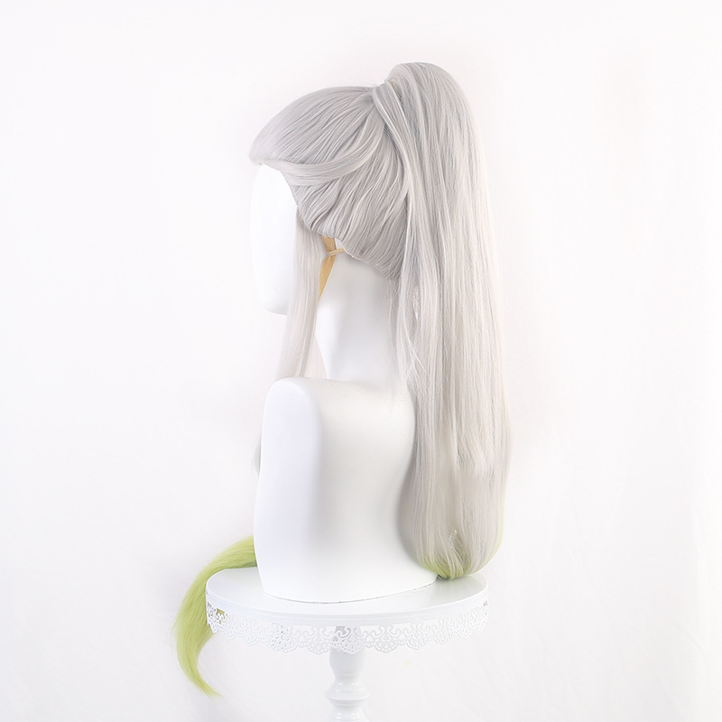 SAKUMETA DAKI Long White and Green Cosplay Wig with Ponytail