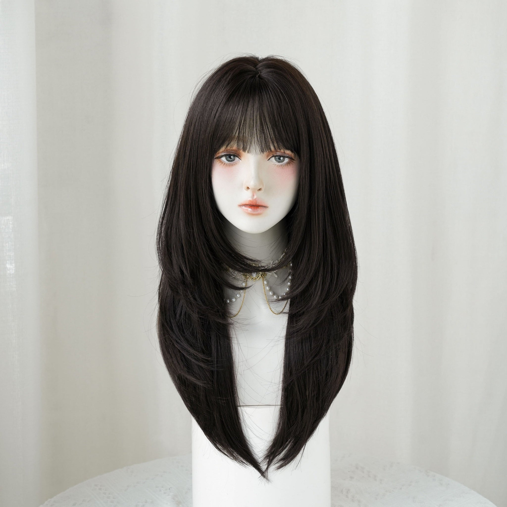 SAKUMETA Dark Black Long Layered Hime Cut Straight Wig with Wispy Bang