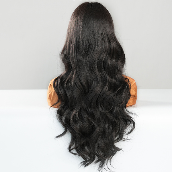 SAKUMETA Dark Black Long Wavy Wig with Bang