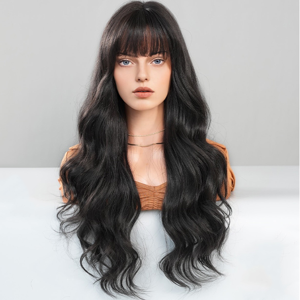 SAKUMETA Dark Black Long Wavy Wig with Bang