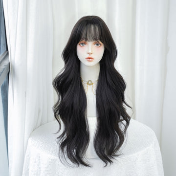 SAKUMETA  Black Long Wavy Wig with Wipsy Bang