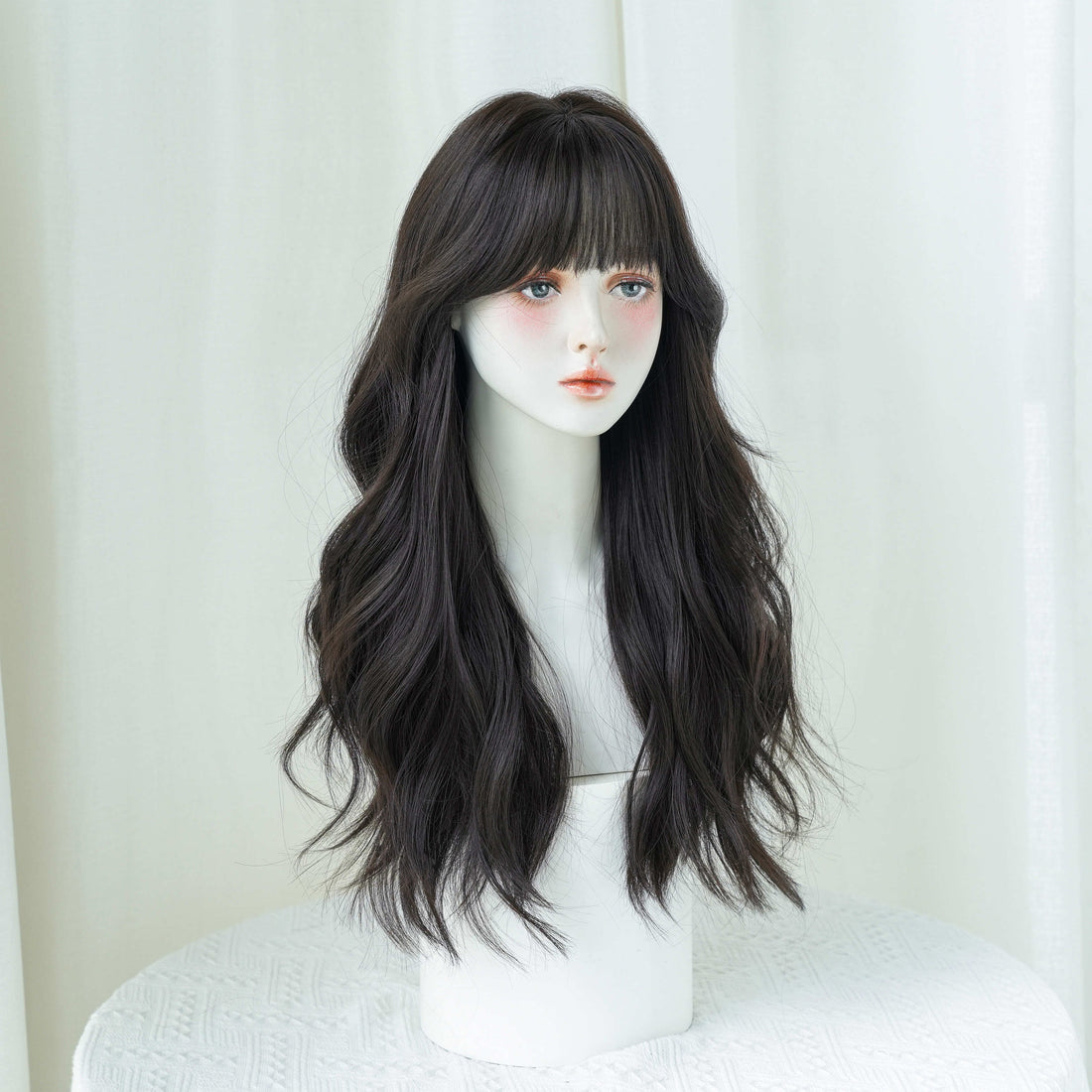 SAKUMETA Dark Black Long Wavy Wig with Wipsy Bang