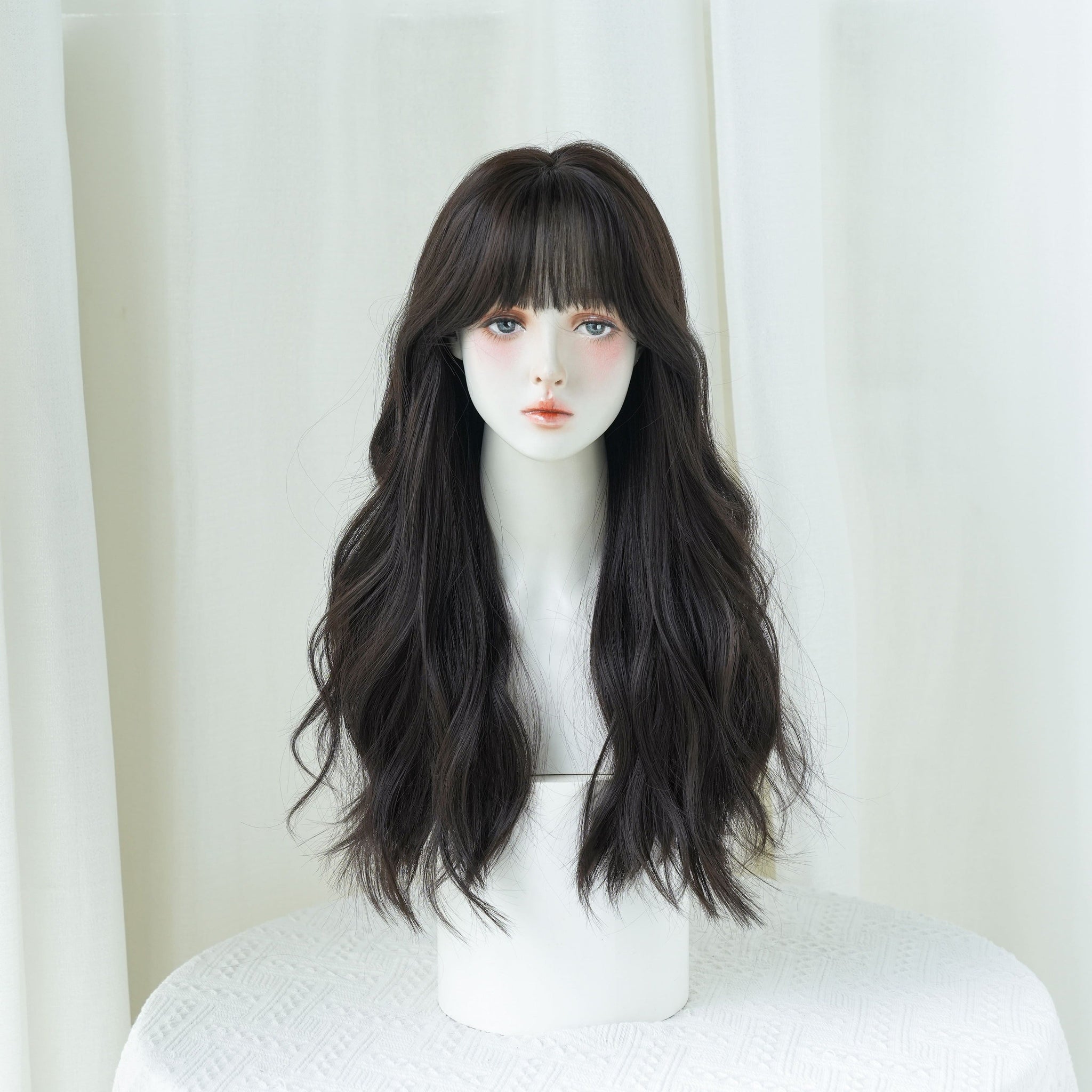 SAKUMETA Dark Black Long Wavy Wig with Wipsy Bang