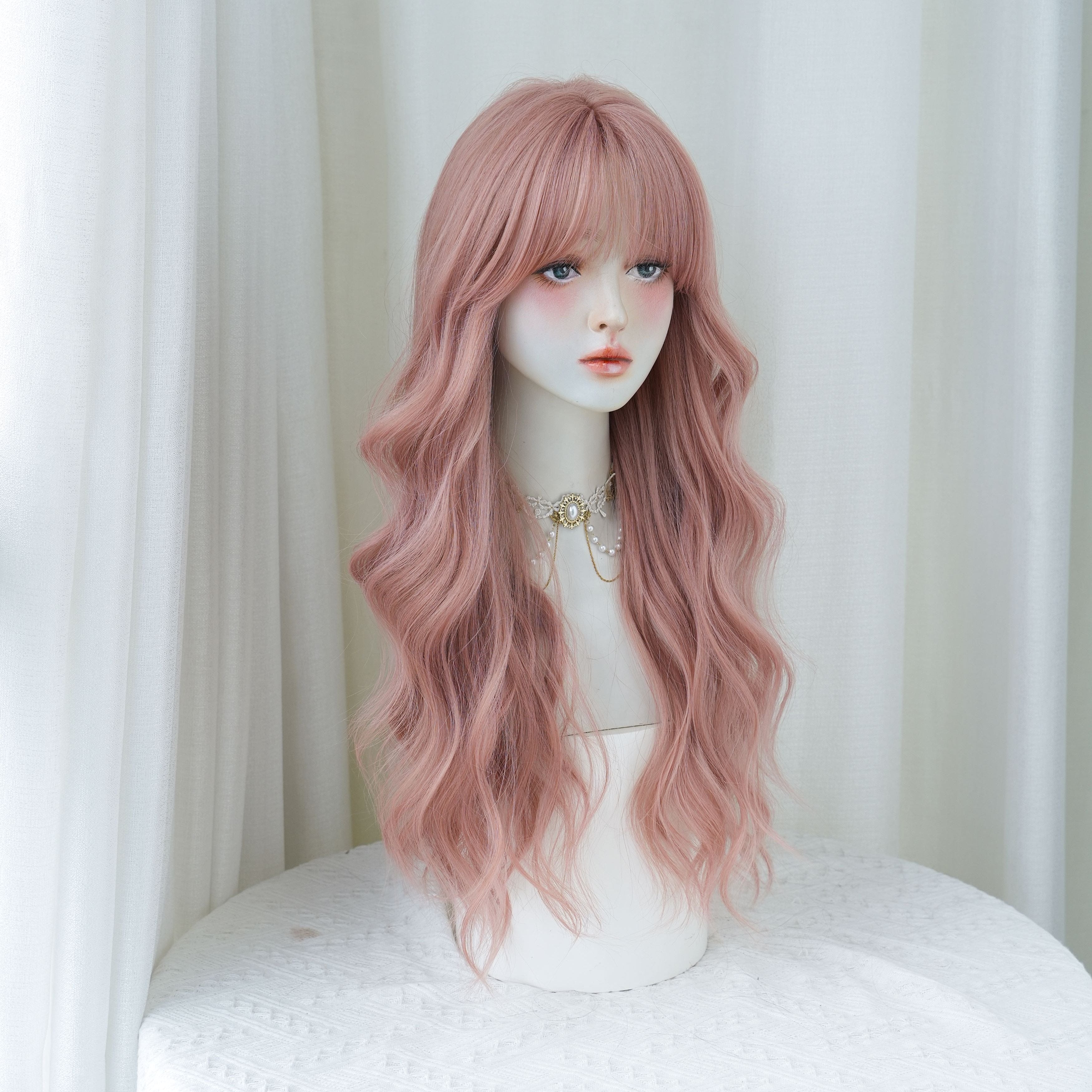 Perruque Body Wave rose pêche foncé SAKUMETA avec frange vaporeuse 