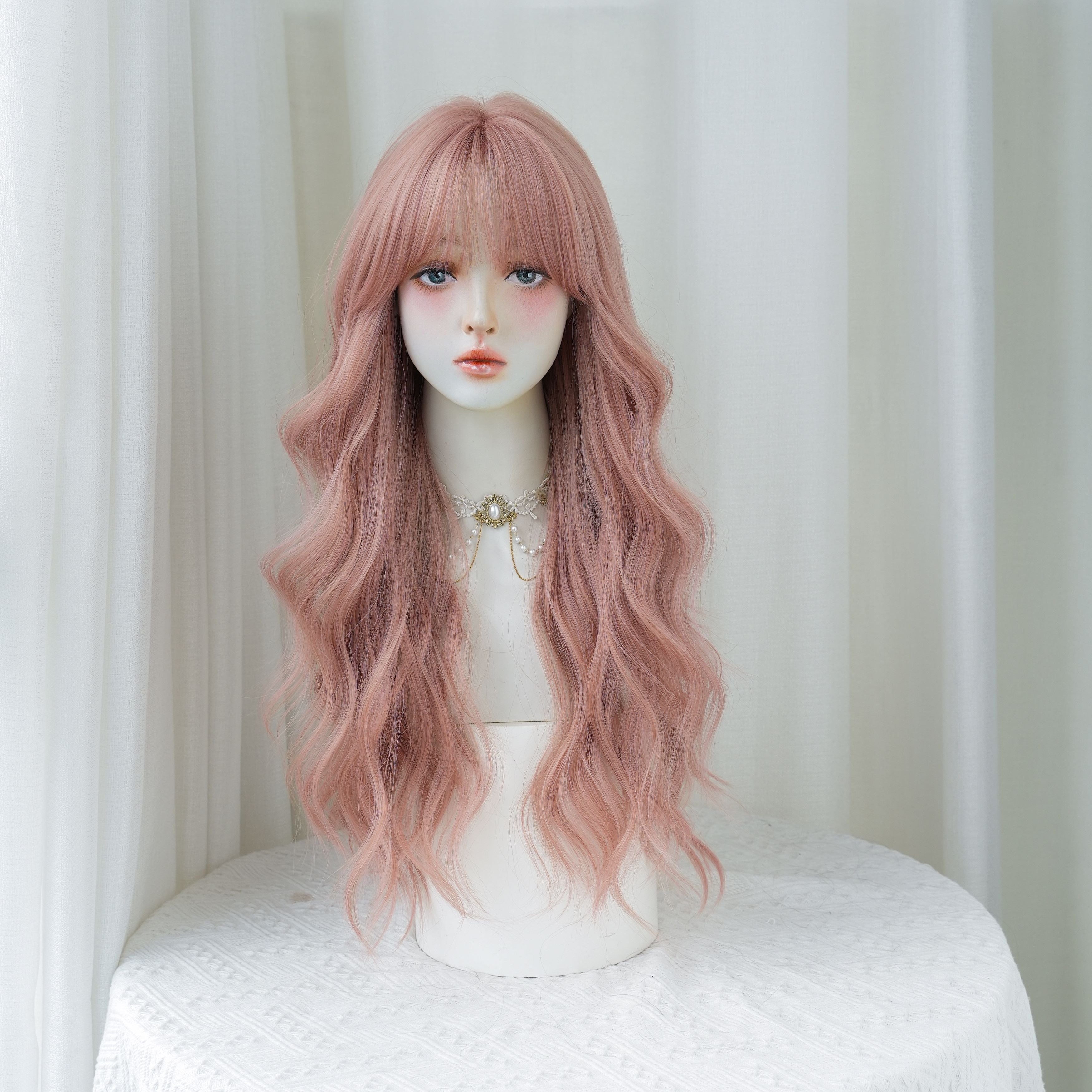 Perruque Body Wave rose pêche foncé SAKUMETA avec frange vaporeuse 