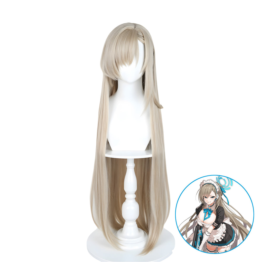 Long straight cosplay wig in light beige-blonde with subtle warm brown lowlights, displayed on a white mannequin stand against a white background, with a circular anime character inset showing the wig's intended look.