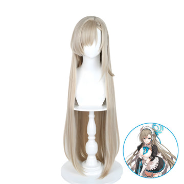 Long straight cosplay wig in light beige-blonde with subtle warm brown lowlights, displayed on a white mannequin stand against a white background, with a circular anime character inset showing the wig's intended look.