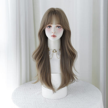 SAKUMETA Light Brown Big Waves Wig with Wispy Bang