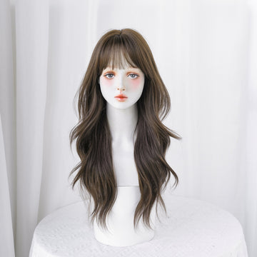 SAKUMETA Morandi Brown Long Body Wave Wig with Wispy Bang