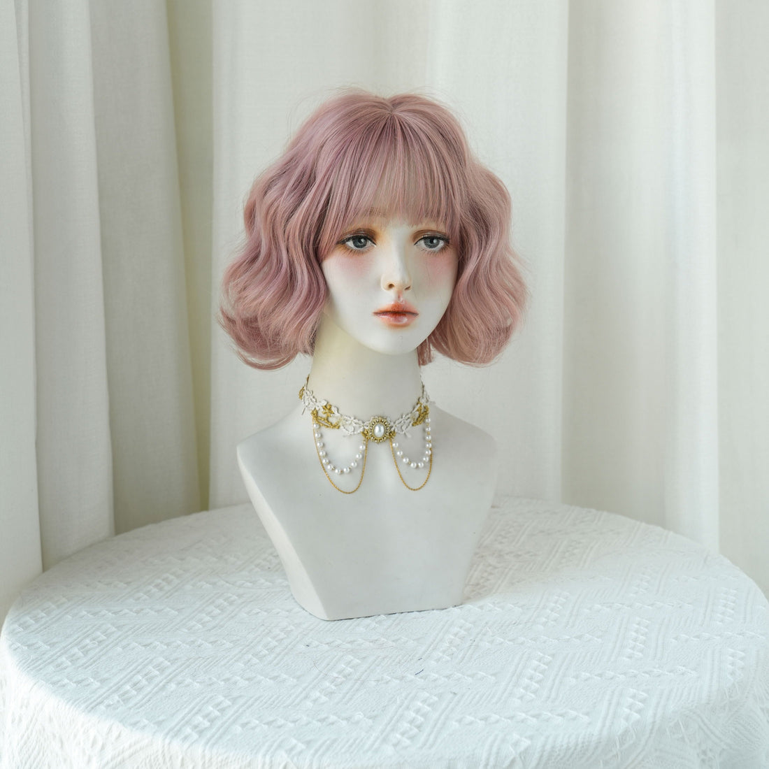 SAKUMETA Peach Pink Lazy Perm Short Wig with Bang