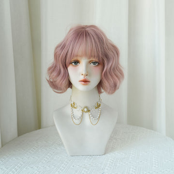 SAKUMETA Peach Pink Lazy Perm Short Wig with Bang