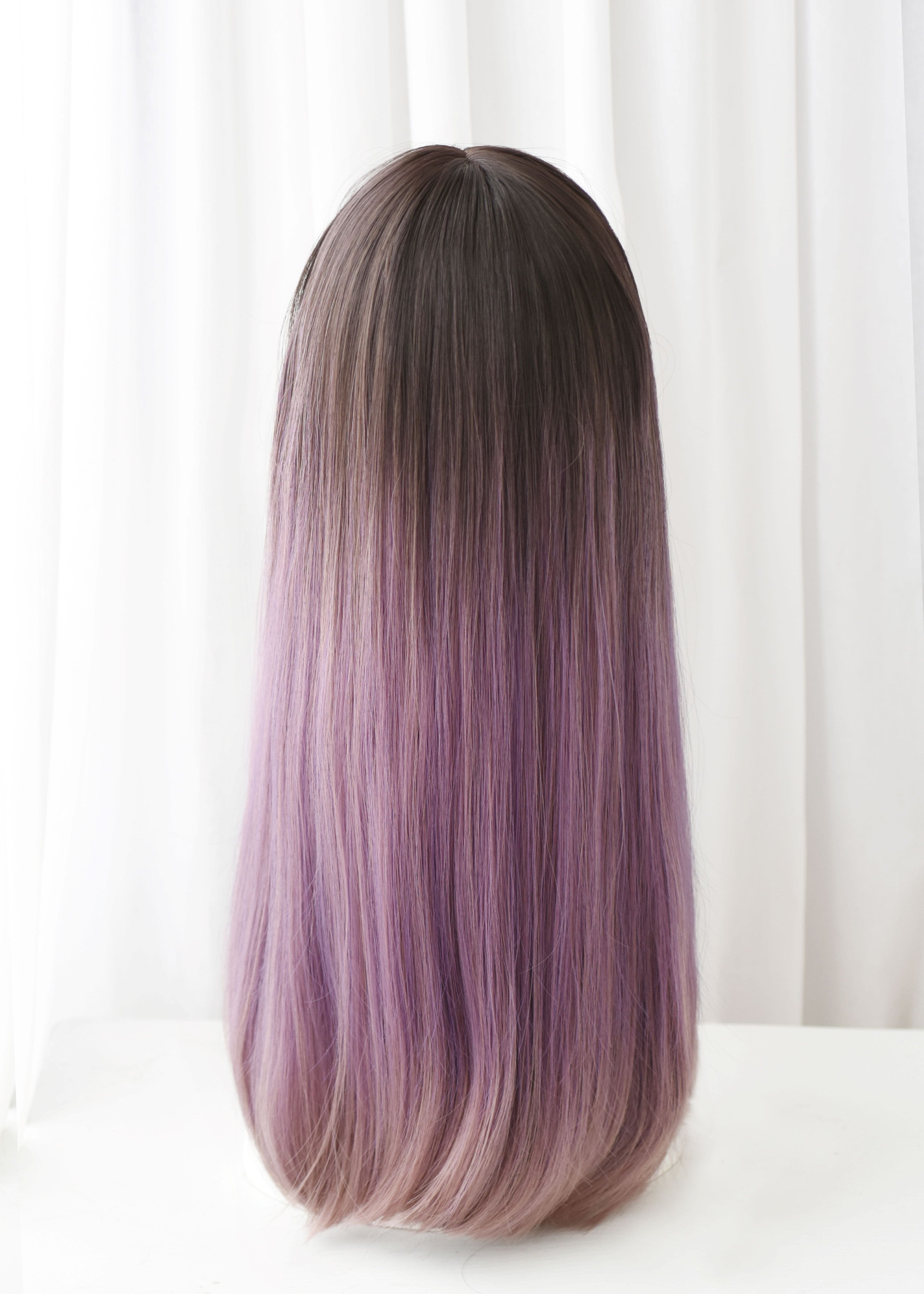 Perruque longue et lisse avec frange, balayage tricolore rose et violet raisin SAKUMETA 