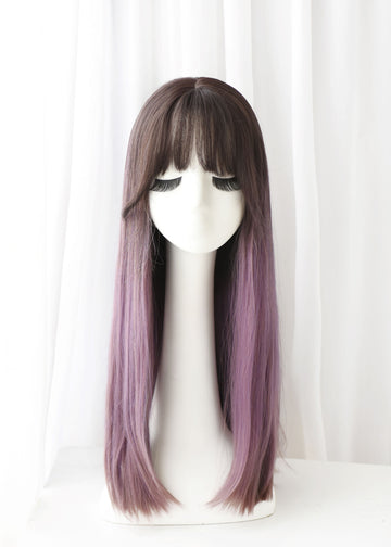 SAKUMETA Pink and Grape Purple Tri-Color Balayage Long Straight Wig with Bang