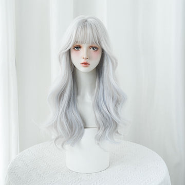 SAKUMETA Silver Light Blue Balayage Long Body Wave Wig with Wispy Bang