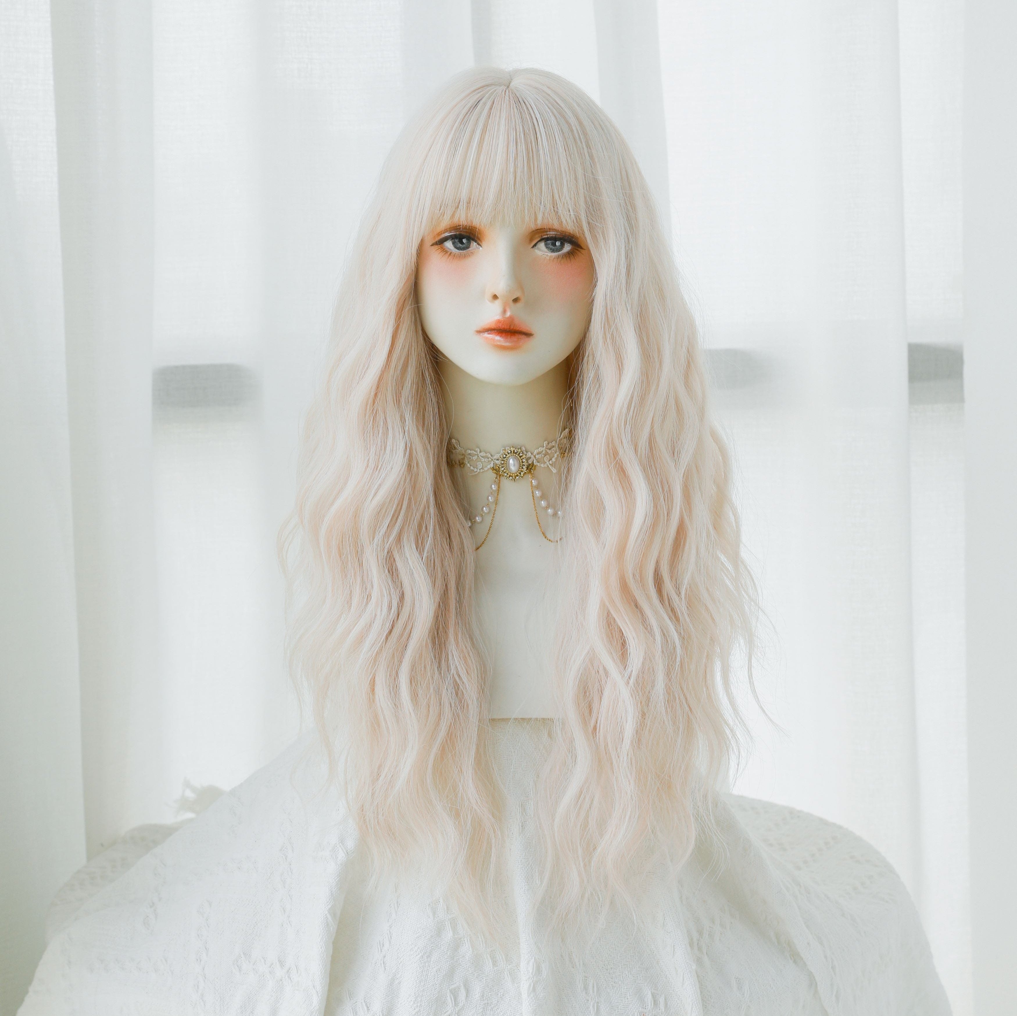 SAKUMETA Silver Light Pink Balayage Perm Curls Lolita Style Wig with Bang