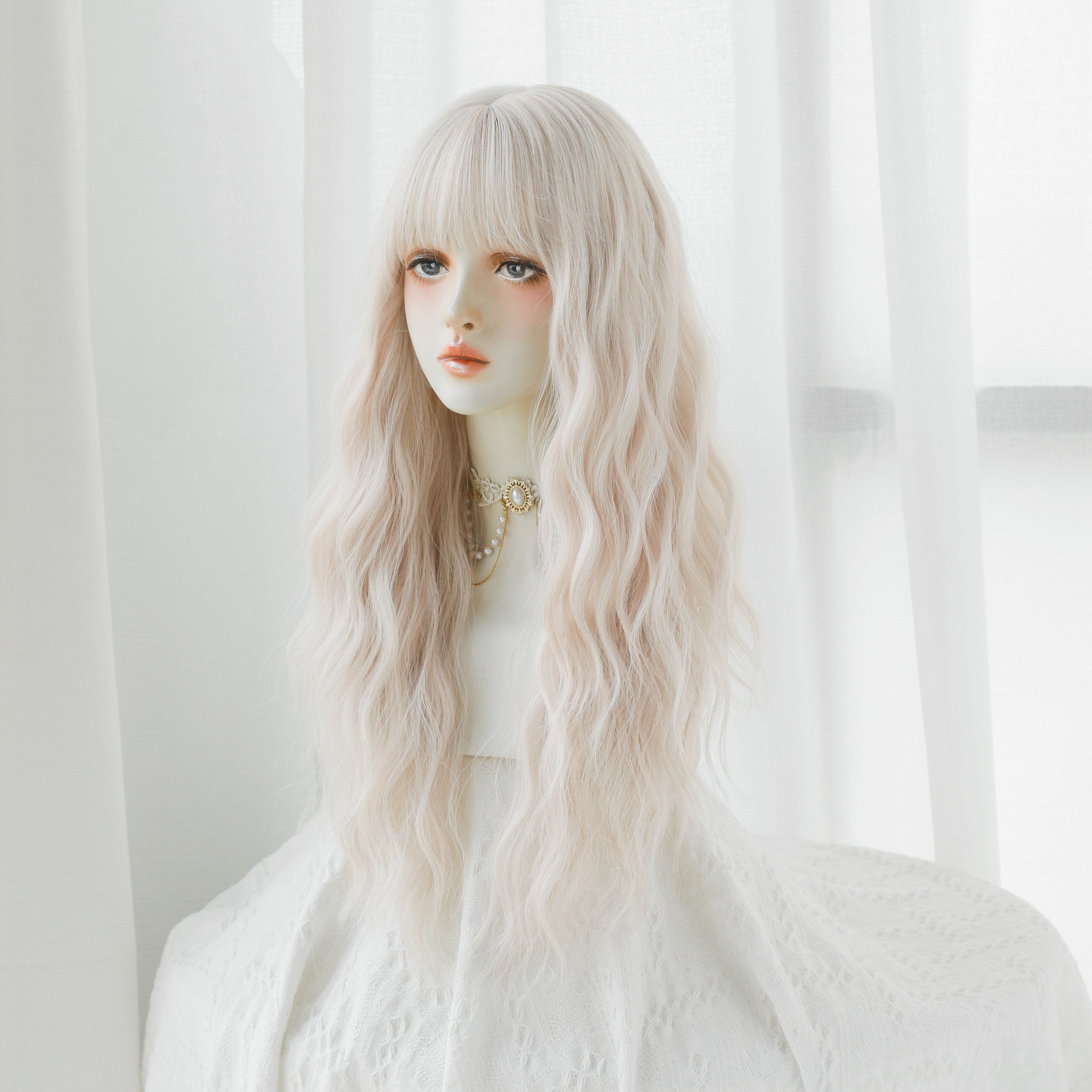 SAKUMETA Silver Light Pink Balayage Perm Curls Lolita Style Wig with Bang