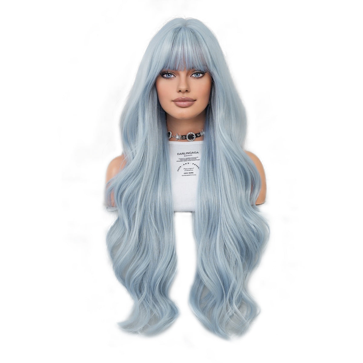 Perruque Body Wave super longue bleu ciel SAKUMETA avec frange 