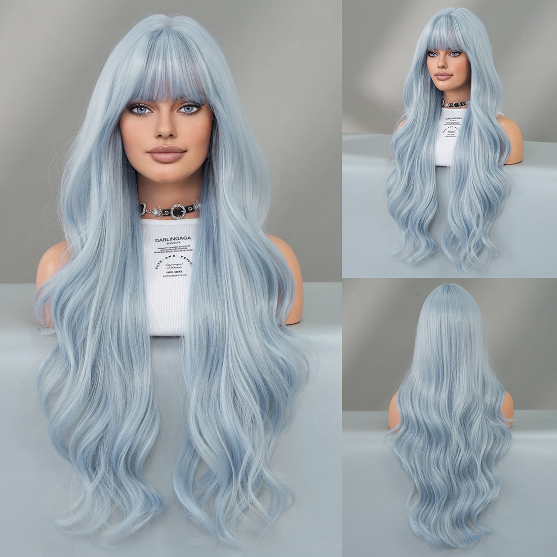 Perruque Body Wave super longue bleu ciel SAKUMETA avec frange 