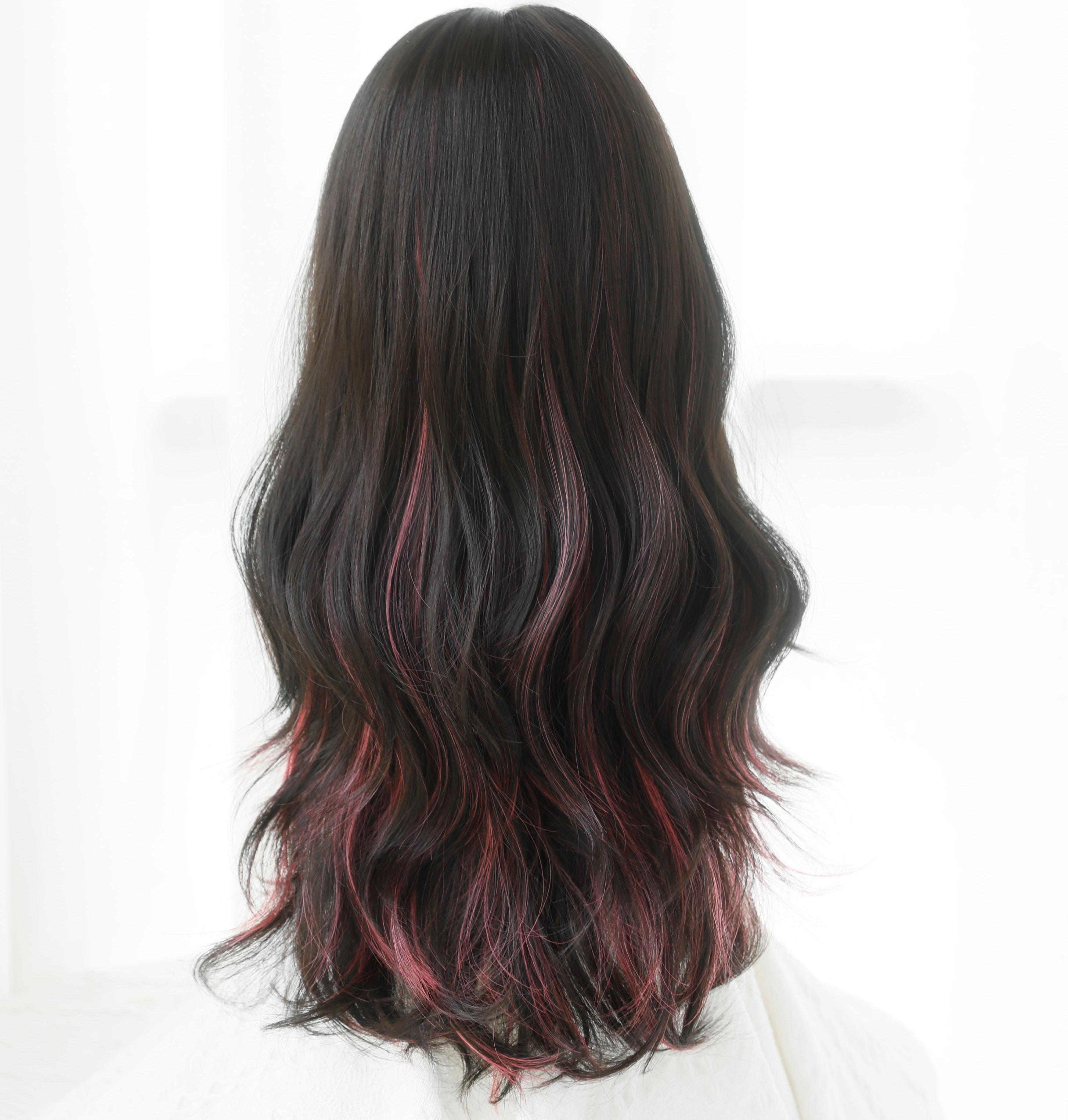 SAKUMETA Smokey Black Berry Balayage Chest Length Wavy Wig with Bang