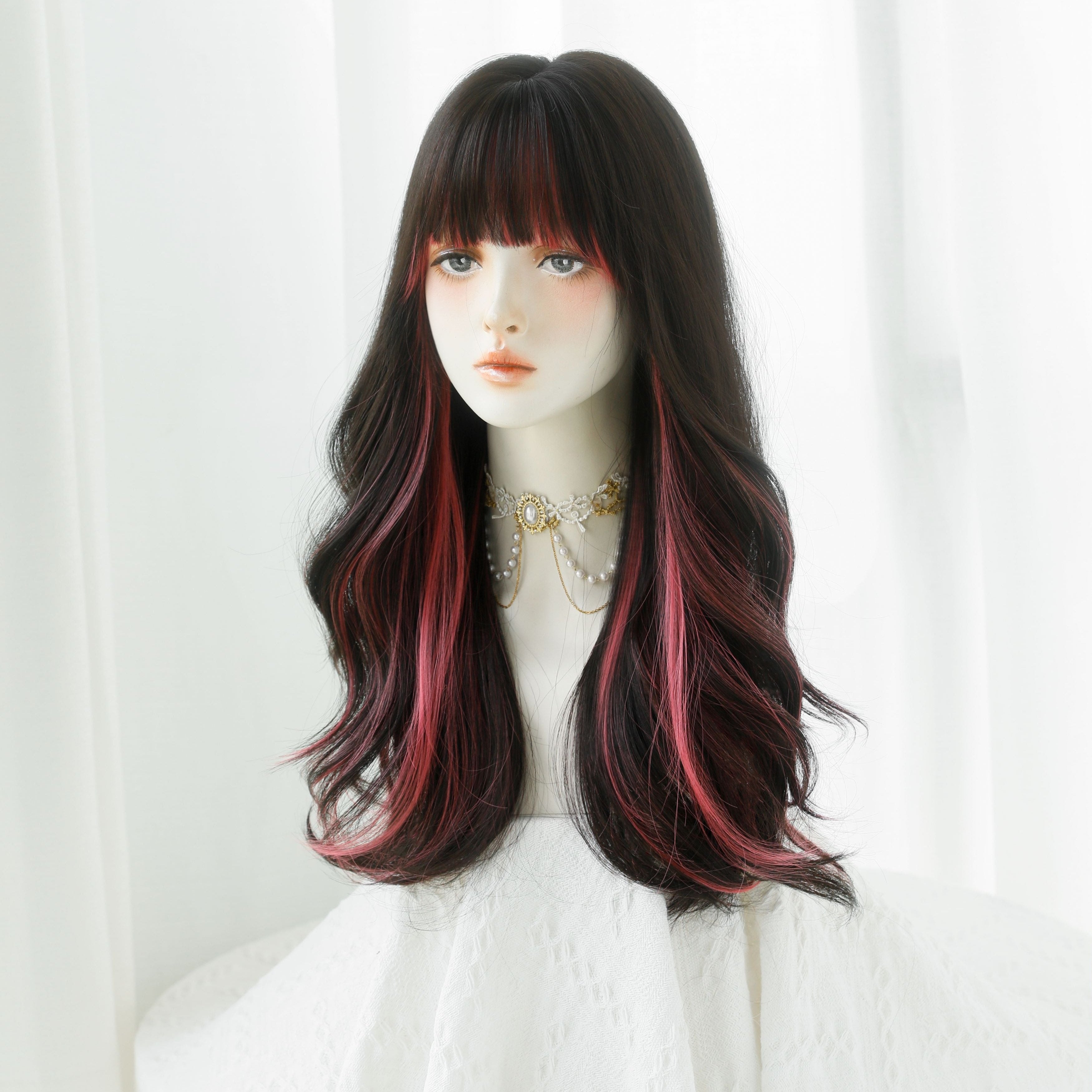 SAKUMETA Smokey Black Berry Balayage Chest Length Wavy Wig with Bang
