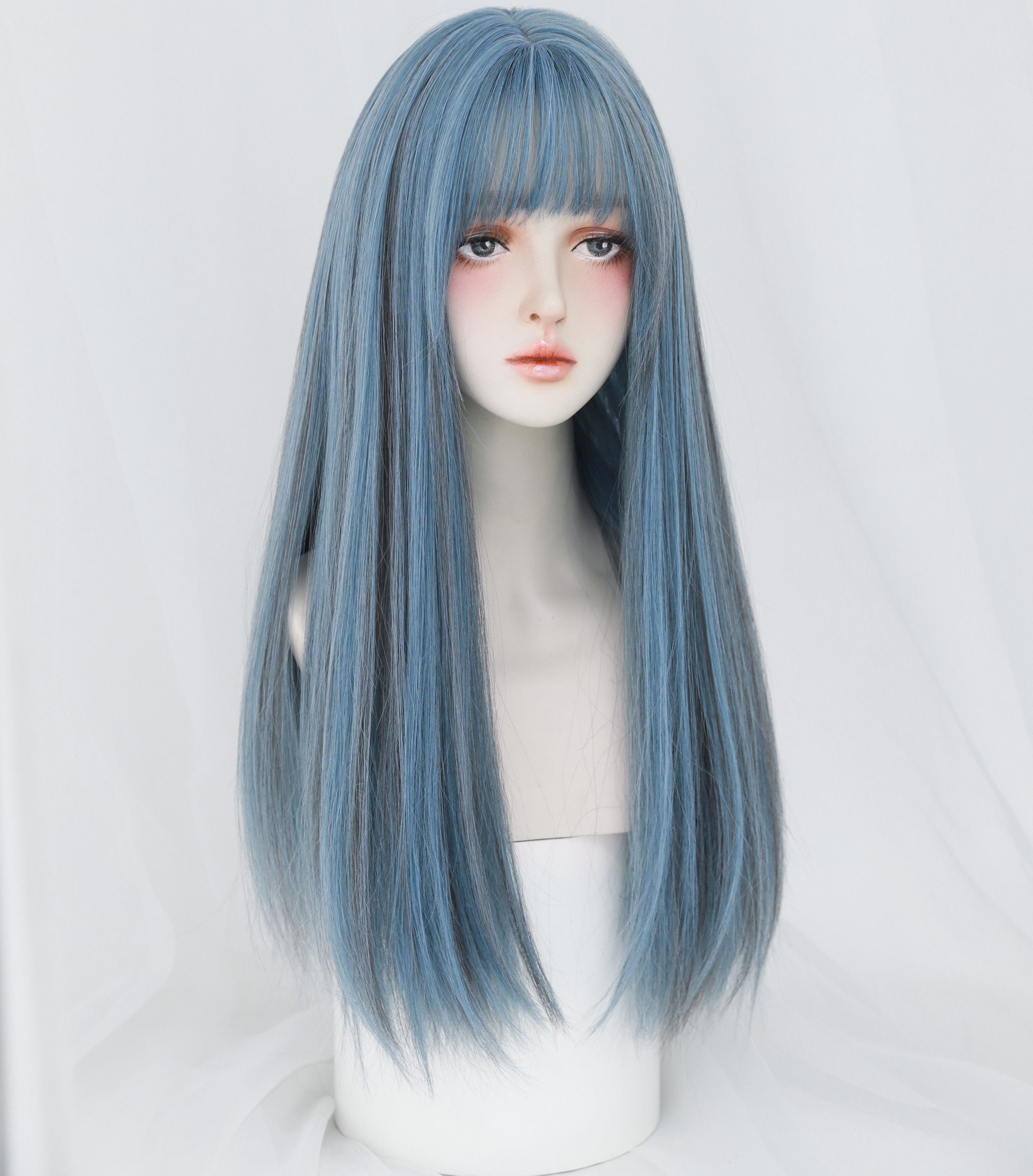 SAKUMETA Smokey Light Blue Straight Long Wig with Bang