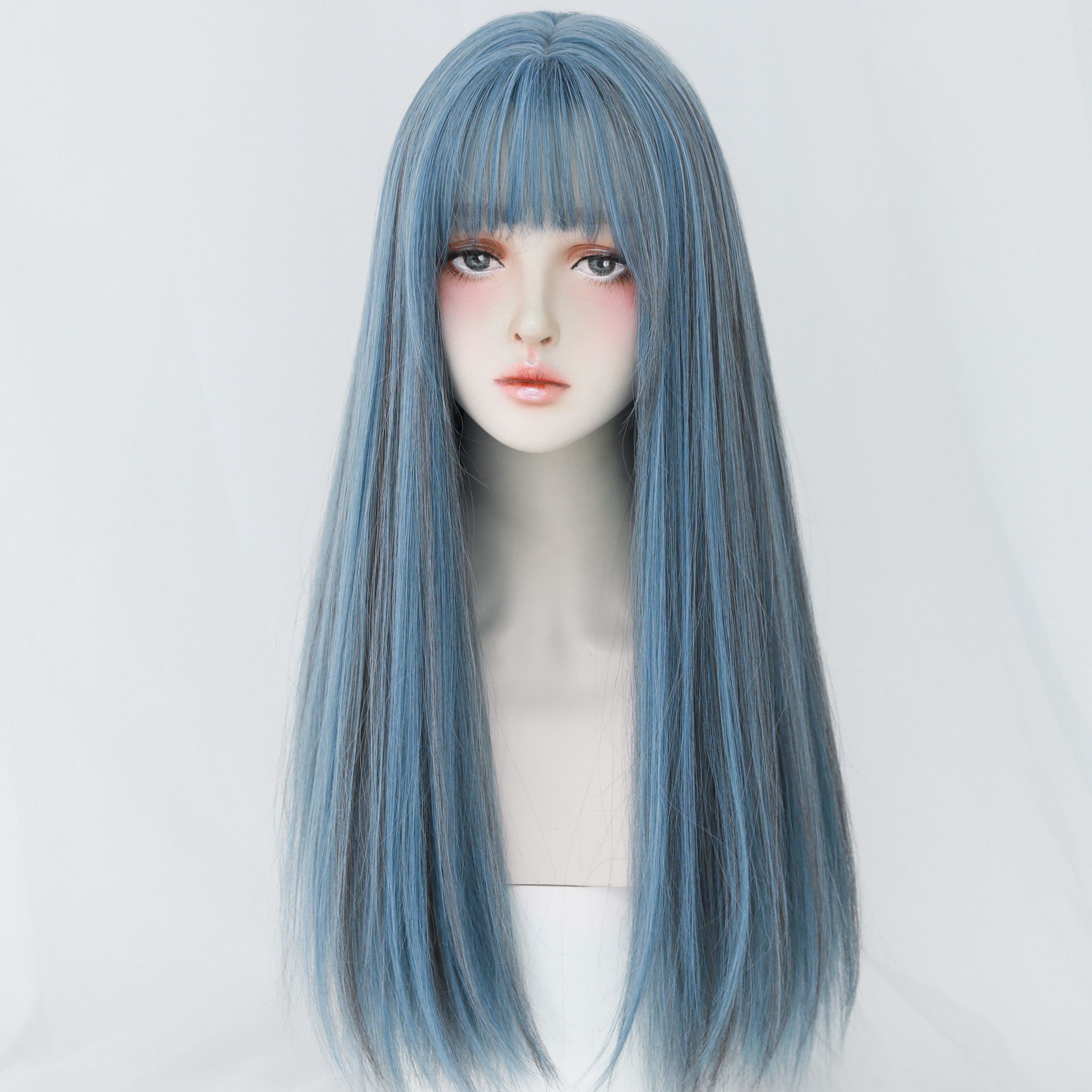 SAKUMETA Smokey Light Blue Straight Long Wig with Bang