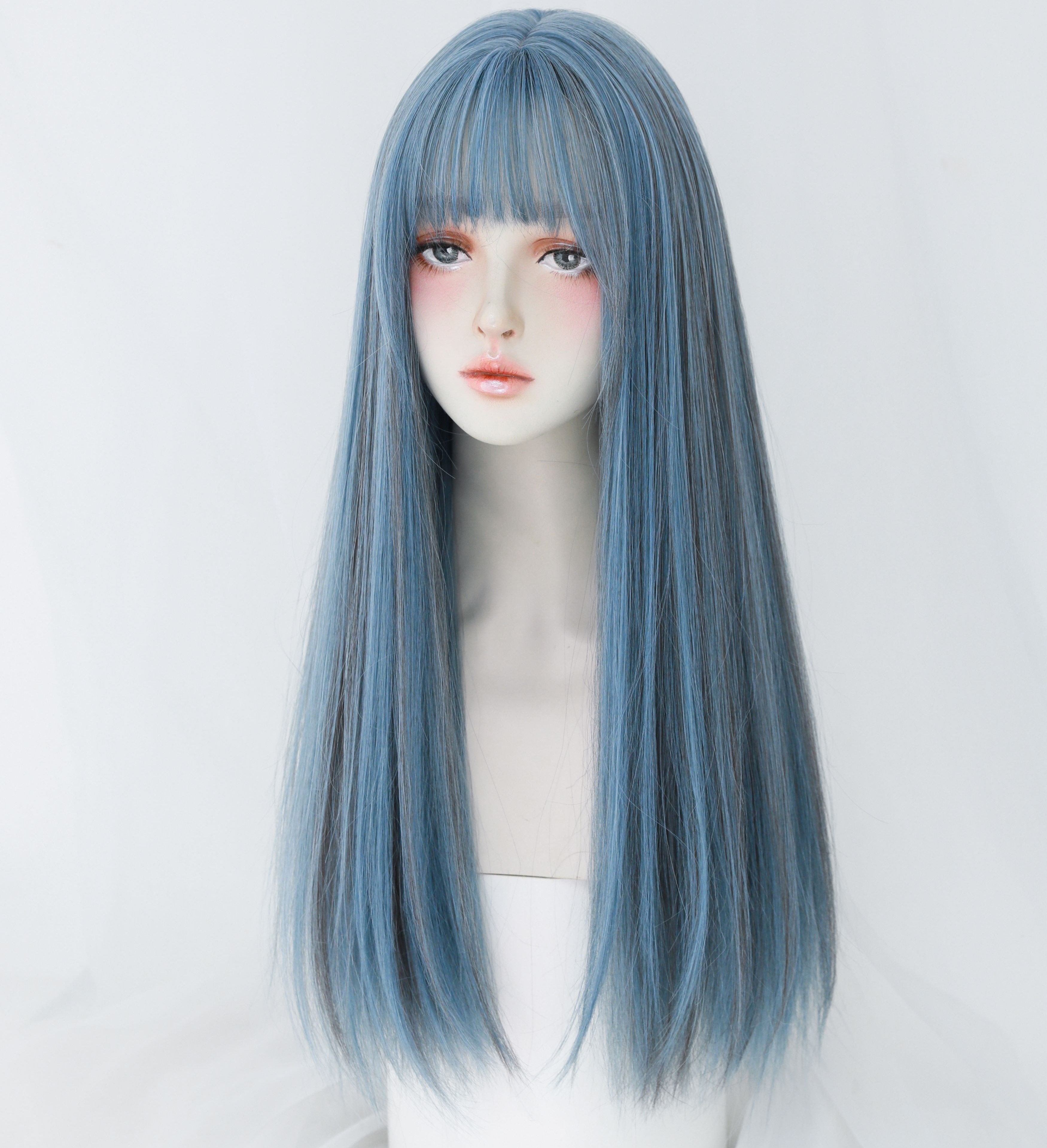 SAKUMETA Smokey Light Blue Straight Long Wig with Bang