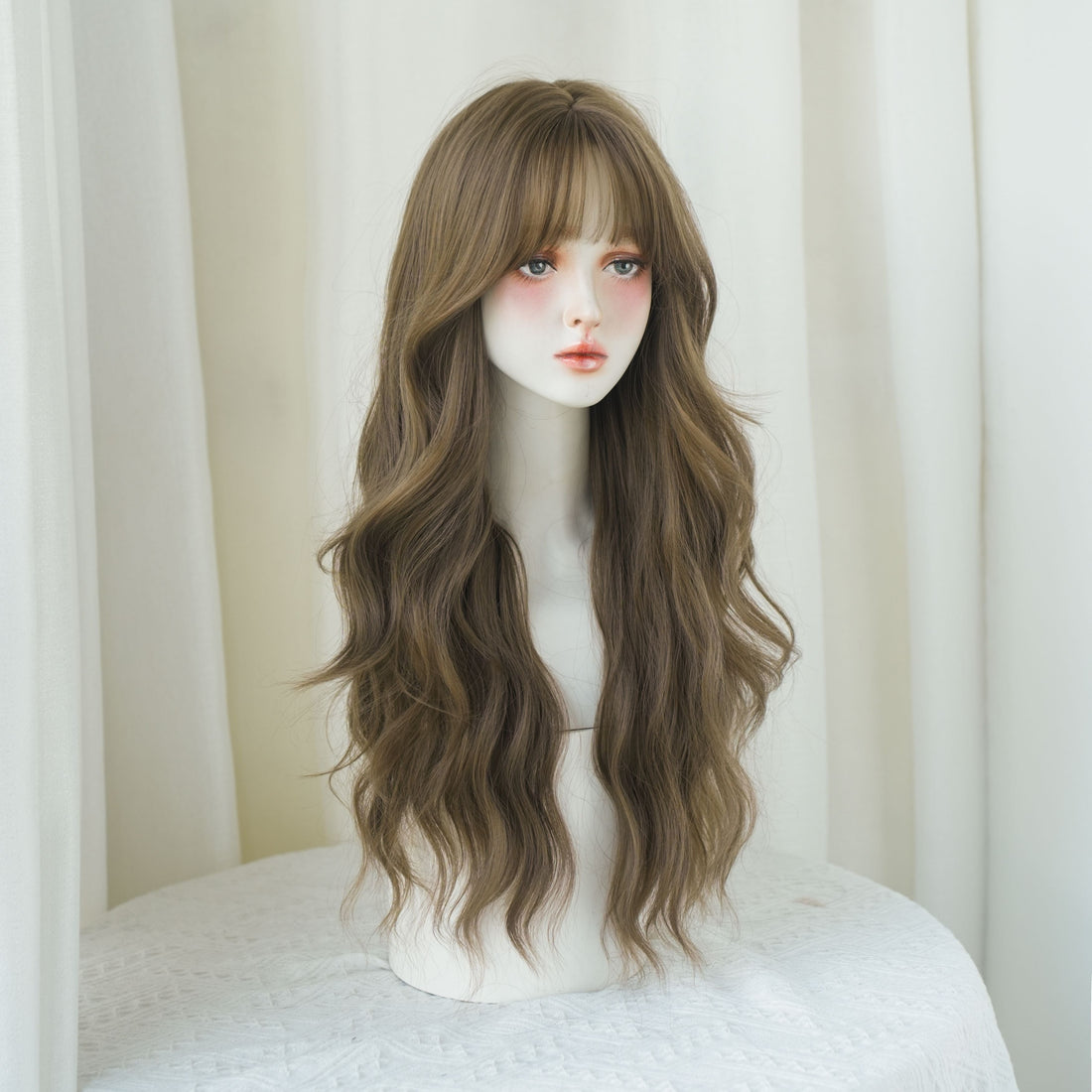 SAKUMETA Smokey Light Brown Body Wave Wig with Wispy Bang