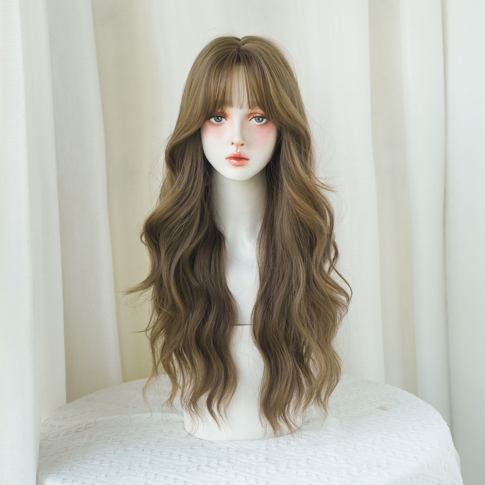 SAKUMETA Smokey Light Brown Body Wave Wig with Wispy Bang