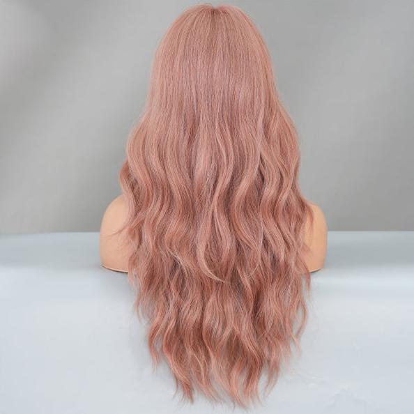 SAKUMETA Smokey Pink Long Body Wave Wig with Bang