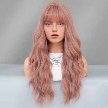 SAKUMETA Smokey Pink Long Body Wave Wig with Bang