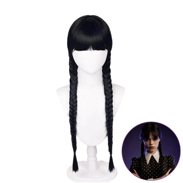 SAKUMETA WEDNESDAY ADDAMS Black Long Cosplay Wig with Twin Braids