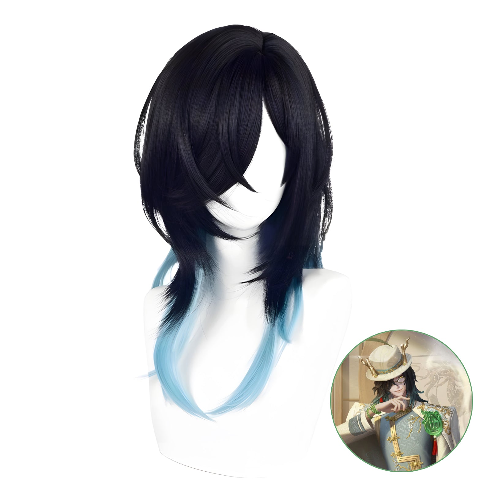 SAKUMETA WU CHANG/WHITE GUARD/QILIN MERCHANT black-blue gradient cosplay wig