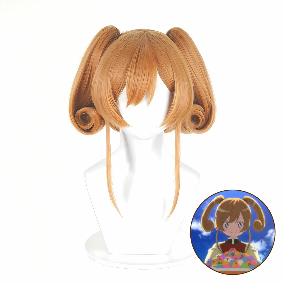 A light brown cosplay wig with double pigtails and straight bangs, displayed on a white mannequin bust. A circular inset in the bottom right corner shows an anime character with the same hair style.