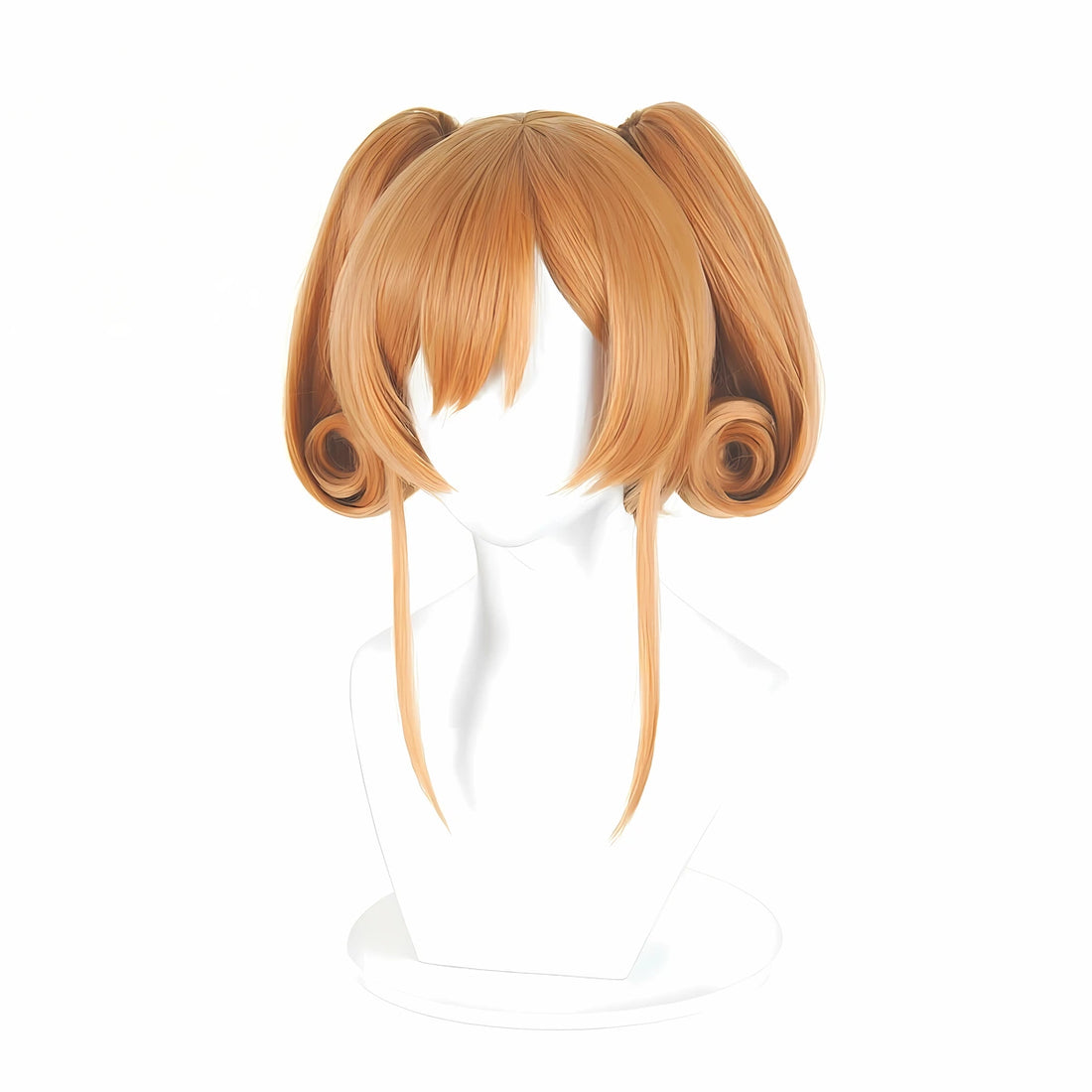 A light brown cosplay wig with double pigtails and straight bangs, displayed on a white mannequin bust. A circular inset in the bottom right corner shows an anime character with the same hair style.